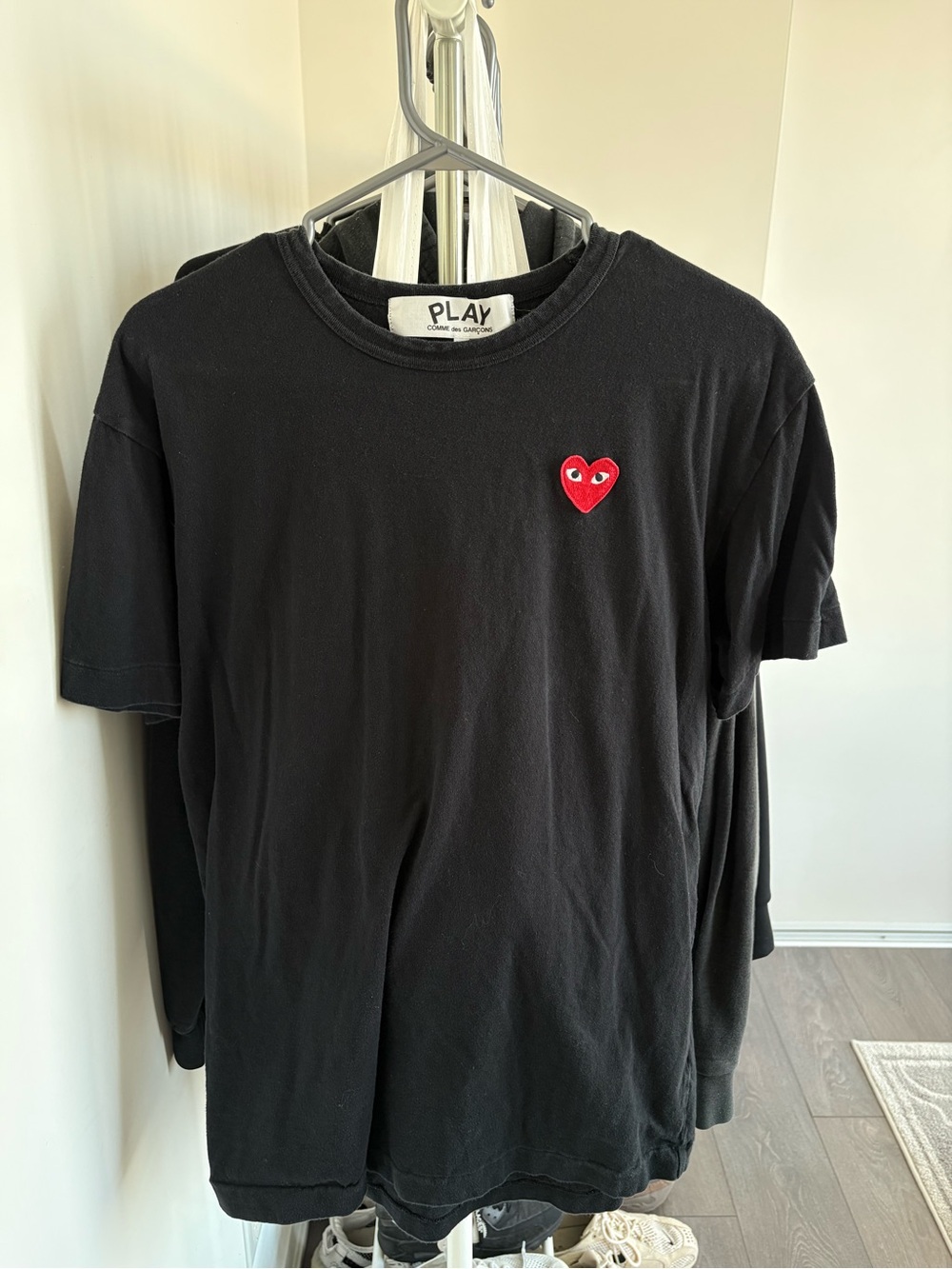 Comme des Garçons Black Cotton Short Sleeve Tee with Red Heart Patch